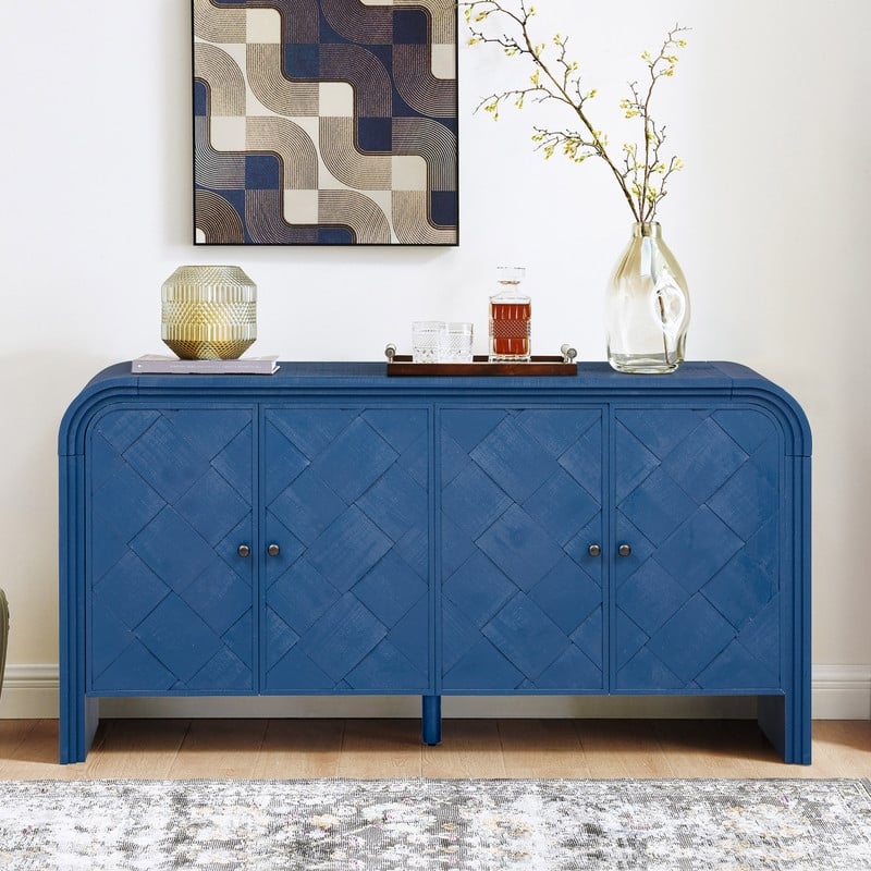 59.8" Luxury Multi-Functional MDF Sideboard with Woven Wood Slat Doors and Tiered Design for Home Storage - Navy Blue