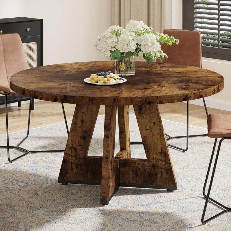 47" Round Wood Dining Table 4-Seater Farmhouse with Wooden Tabletop Cross Base for Dining Room/Kitchen