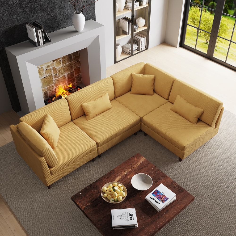 4-Piece Modern Corduroy Modular Sectional Sofa with pillows For Living Room