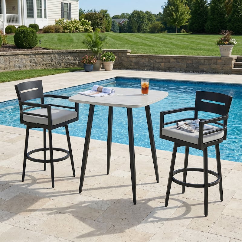 Outdoor Patio Bar Height Dining Set with Swivel Aluminum Bar Stool and Marble Patterned Dining table - N/A - 3-piece/Gray