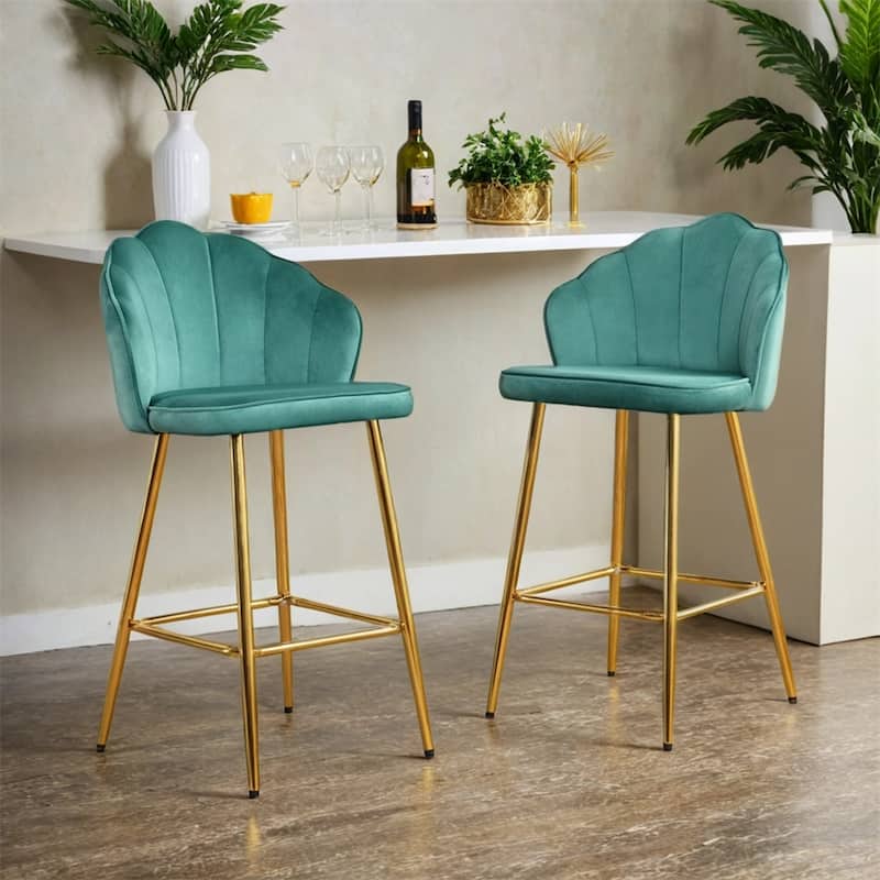Shell Shape Velvet Bar Chair, Gold-plated Metal Chair Legs,(Set of 2)