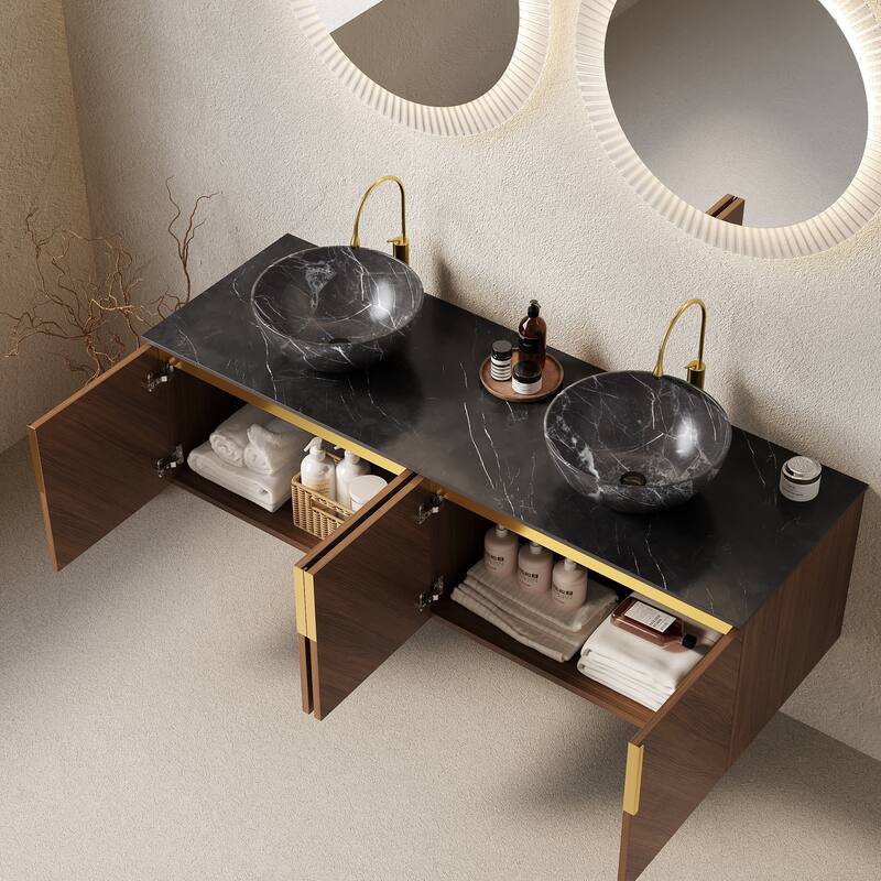 GDFStudio - Arai Modern 60" Floating Bathroom Vanity with Black Sintered Stone Countertop, Dual Ceramic Basin & 4 Doors