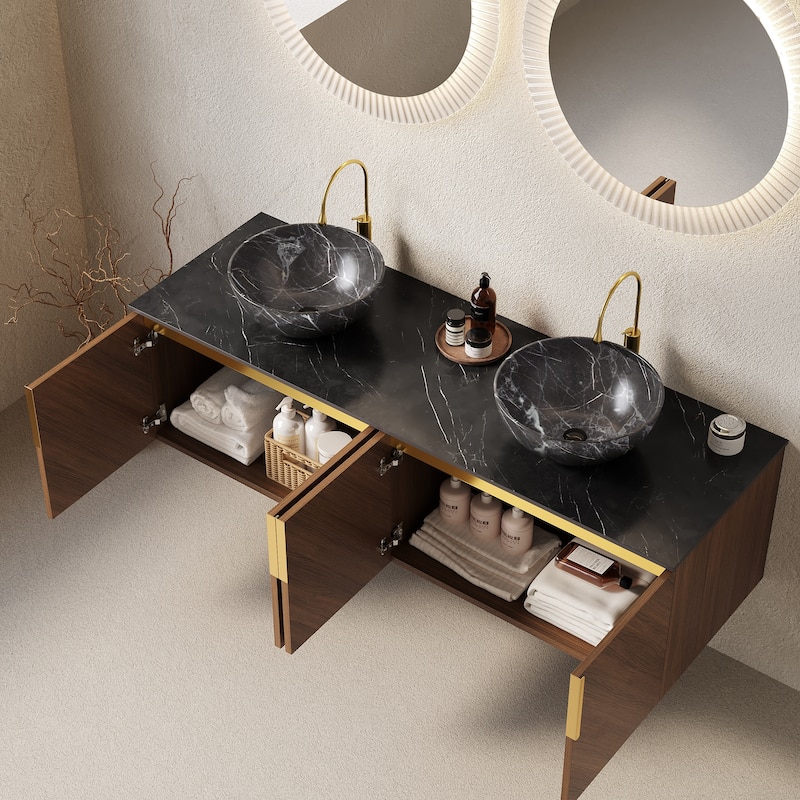 GDFStudio - Arai Modern 60" Floating Bathroom Vanity with Black Sintered Stone Countertop, Dual Ceramic Basin & 4 Doors