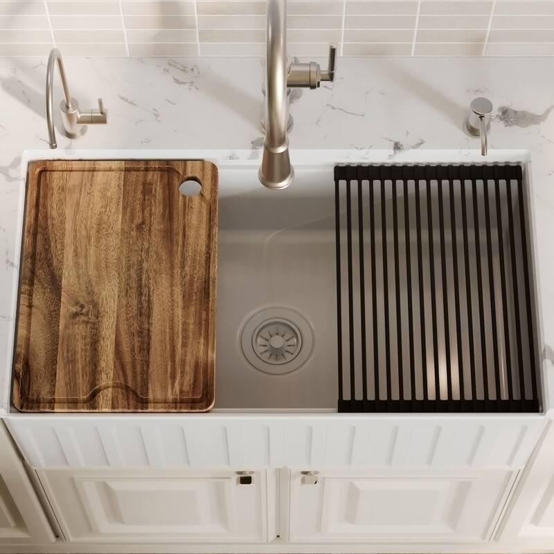 Karran 33" Single Bowl Workstation Fireclay Kitchen Sink with Reversible Fluted Apron Front