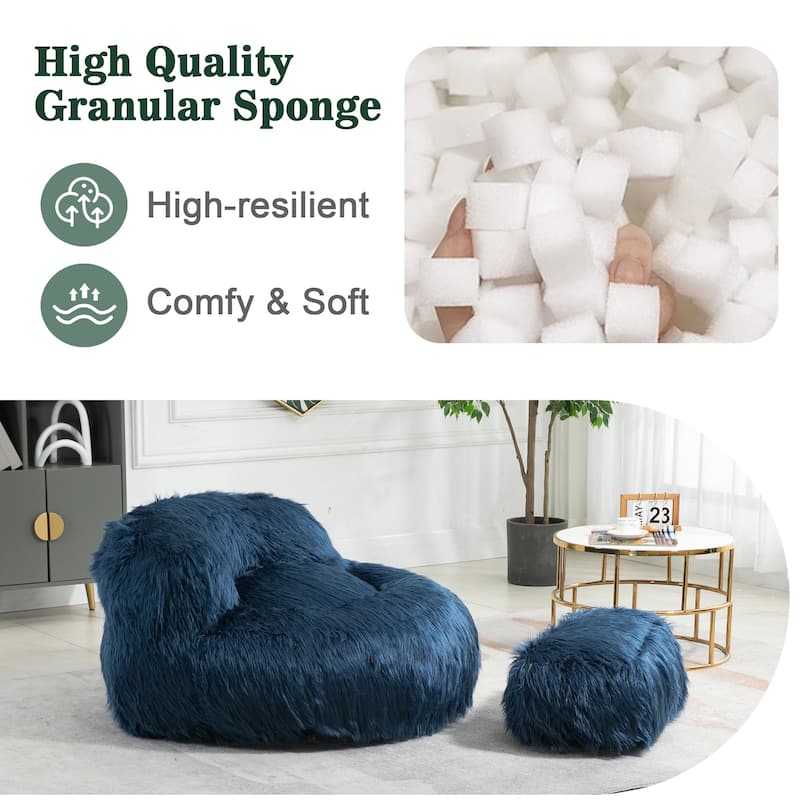 Plush Upholstered Round Comfort Lounger Bean Bag Chair with Ottoman