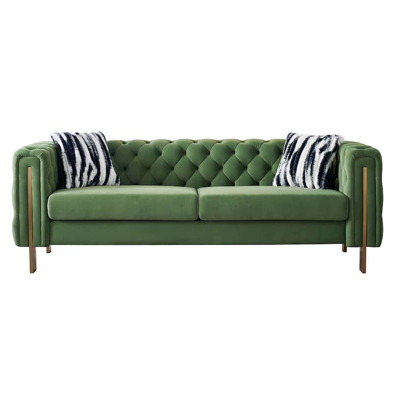 84.25" Luxurious Tufted Velvet Upholstered 3-Seater Sofa with Golden Metal Armrest Design and Buttoned Tufted Backrest - Mint Green