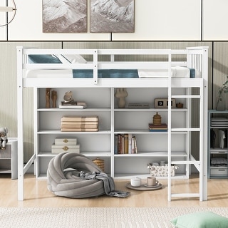 Wood Twin Loft Bed Frame with 8 Open Storage Shelves and Ladder,White