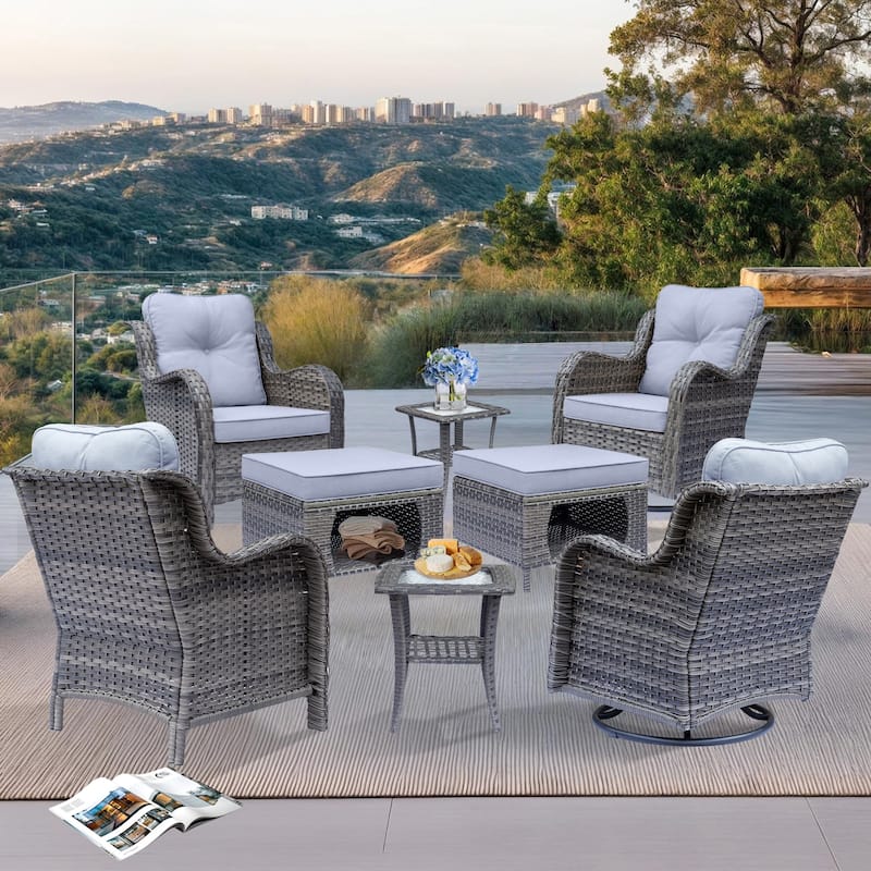 8 Piece Outdoor Wicker Patio Furniture Swivel Glider Chair Ottoman Set - Grey-Gray Rattan