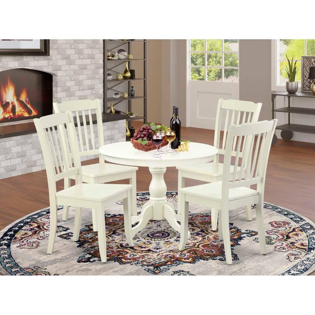 HomeStock 5-Piece Linen White Finish Solid Wood Top Dining table with 4-Chairs with Slat Back