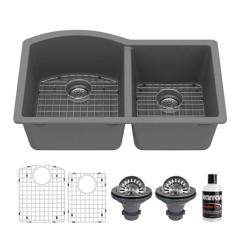 Karran Undermount Quartz 32 in. 60/40 Double Bowl Kitchen Sink Kit - Grey