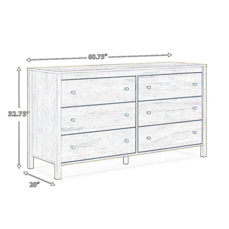 Maci Wide Dresser, 6 Drawers, Light Natural Brown Wood Finish, 61 Inch