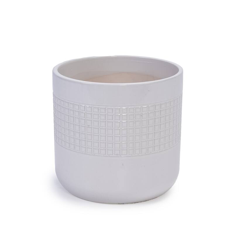 9" Ceramic Flowerpot Garden Modern Patio Grid Planter(Set of 3) - 9.65 in.W x 9.65 in.D x 9.25 in.H - Ancient White