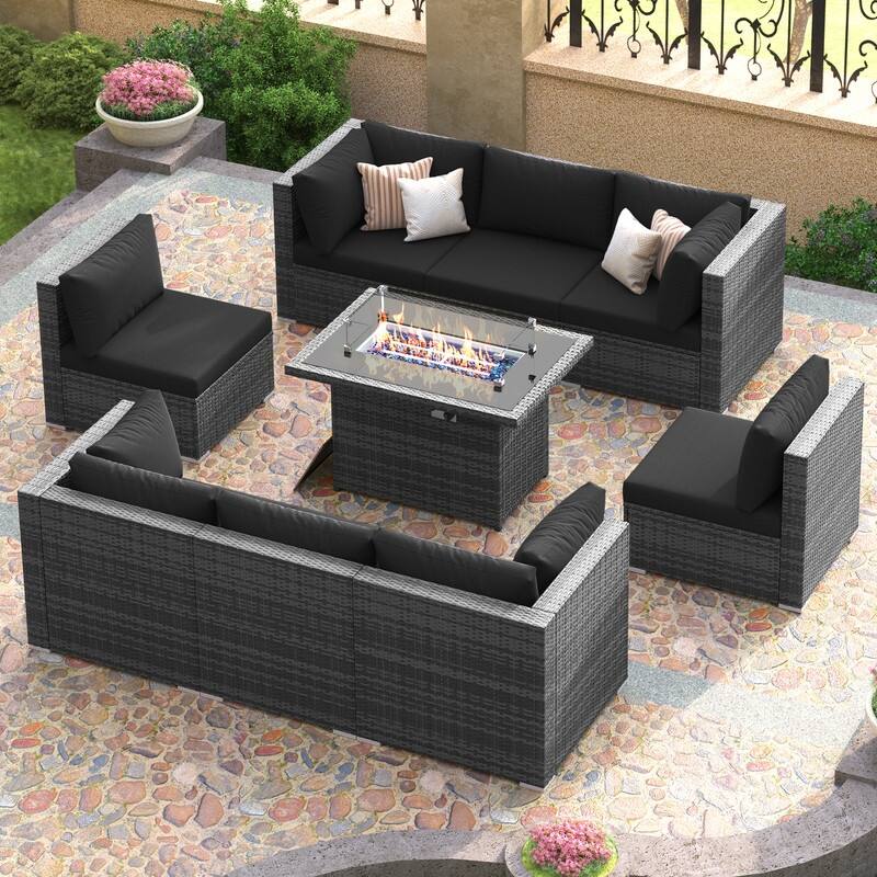FINCATI 9-piece Extra Large High Back Outdoor Patio Furniture Sectional Conversation Sofa Set with Fire Pit Table - Black