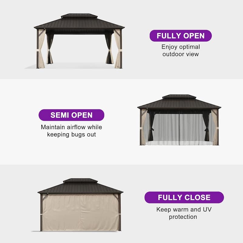 PURPLE LEAF Gazebo Outdoor Gazebo with Dual-Layer Galvanized Steel Double Roof Aluminum Gazebo with Netting and Curtains Bronze