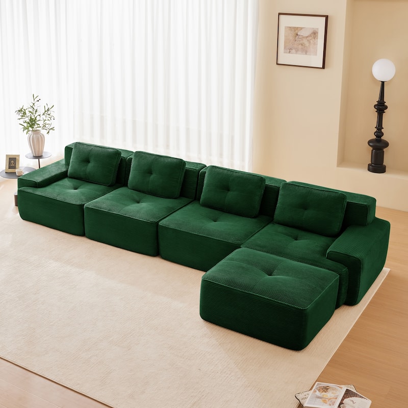 Roomfitters No Assembly Modular Sofa, 117 Inch Corduroy 3-Seater with Piping, Green