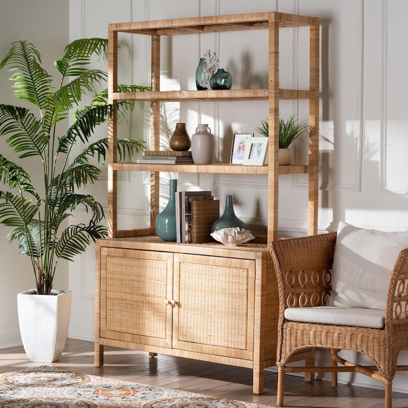 Mortis Natural Rattan Open-Shelf Storage Cabinet - 4-Tier Display Shelf with Double Door Base, Coastal Boho Wicker Bookcase