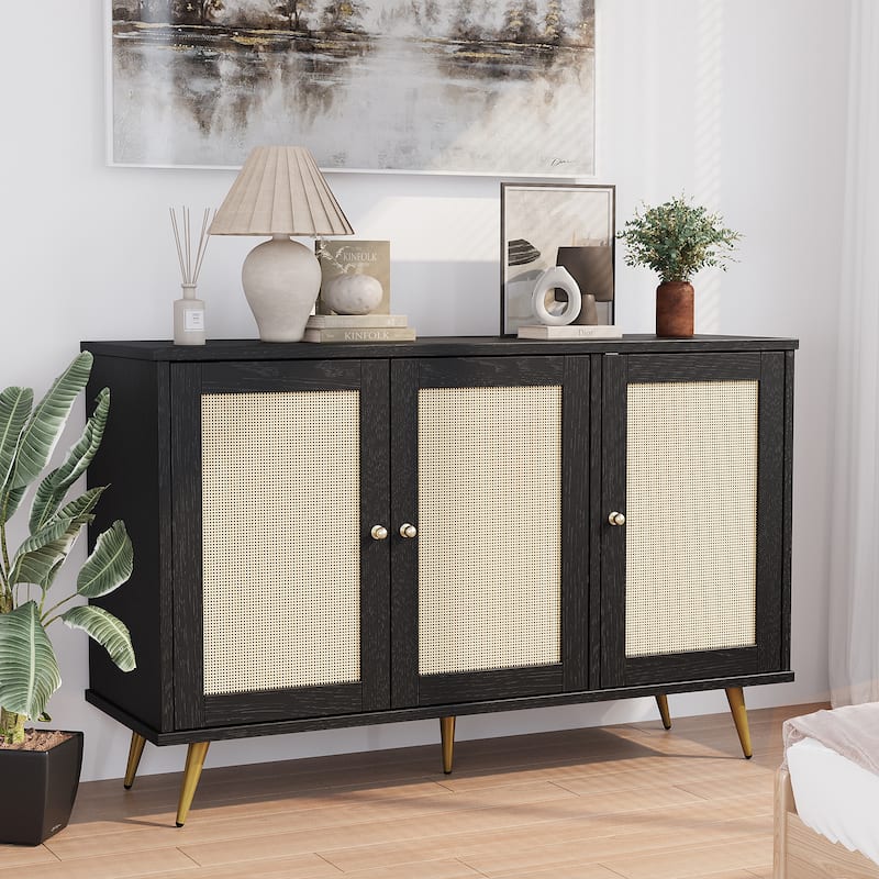 Rattan Storage Cabinet With 3 Door, Farmhouse Style Buffet Sideboard - N/A - Black
