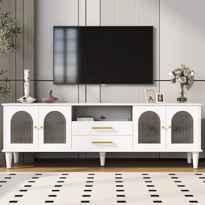 68.9" TV Stand for TVs up to 75", Modern Media Console with 2 Drawers and 4 Glass Doors, Rectangular Storage Media Cabinet