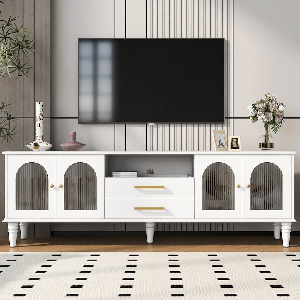 68.9" TV Stand for TVs up to 75", Modern Media Console with 2 Drawers and 4 Glass Doors, Rectangular Storage Media Cabinet