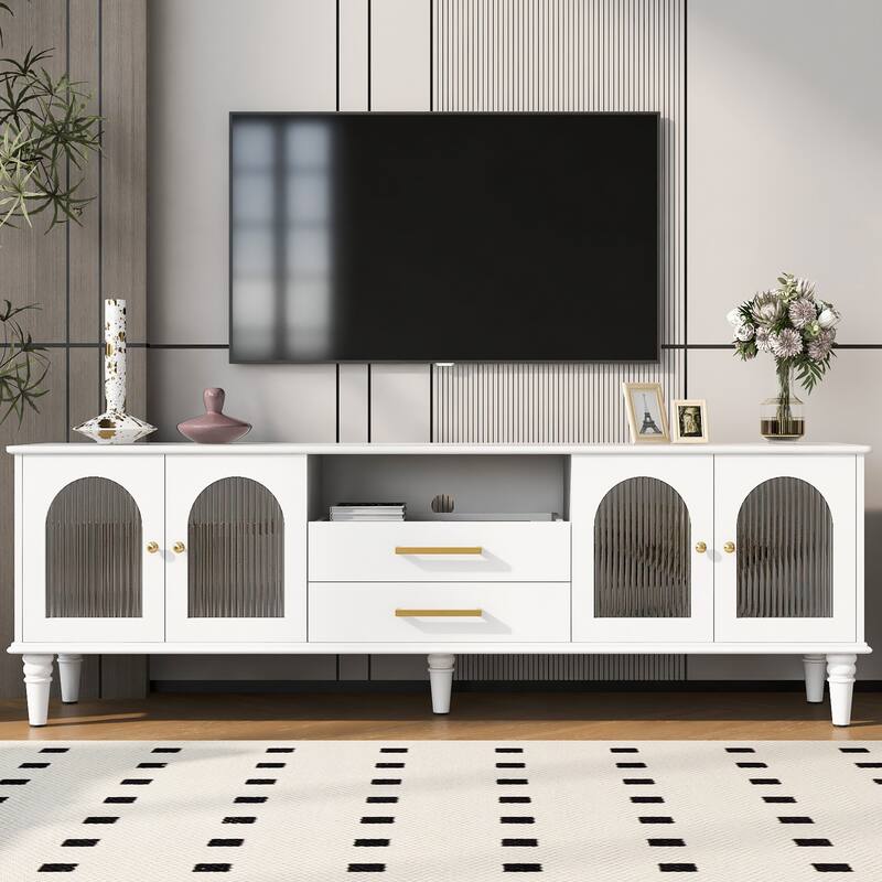 Retro Cream White TV Stand with 2 Drawer, 4 Solid Wood Legs and Tip Safety for Living Room and Office - White