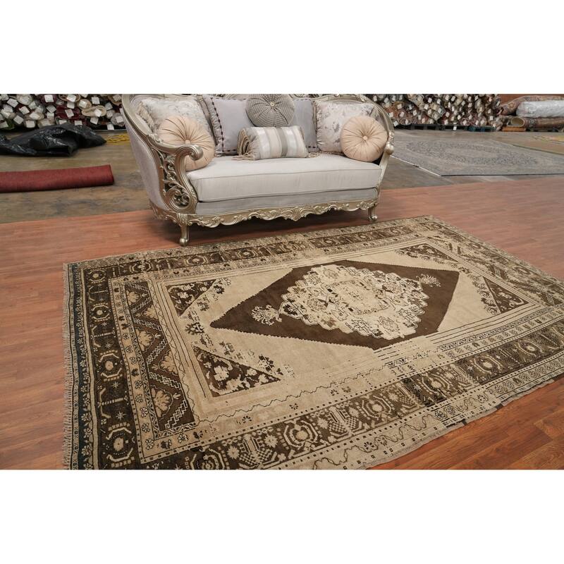 Hand Knotted Oriental 100% Wool Carpet Transitional Medallion Brown Oushak Area Rug - 10' 1'' X 6' 3''