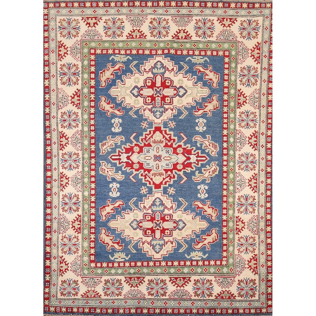 Blue Geometric Kazak Area Rug Hand-Knotted Geometric Wool Carpet - 5'0" x 6'8"