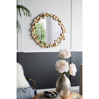 Round Metal Wall Mirror with Golden Leaf Accents