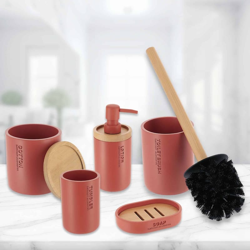 Bathroom Essentials Set Natural Bamboo Bath Set Accessories 5 pieces - Terracotta