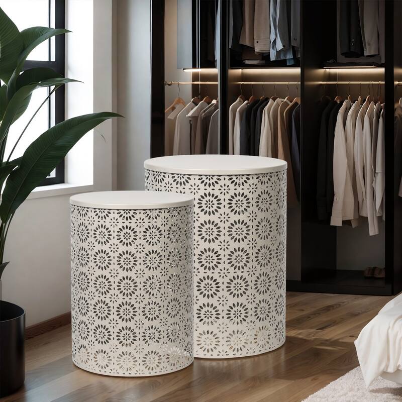 Adeco Set of 2 Round Metal Nesting Side End Tables Set - set of 2 - Grey-Floral pattern