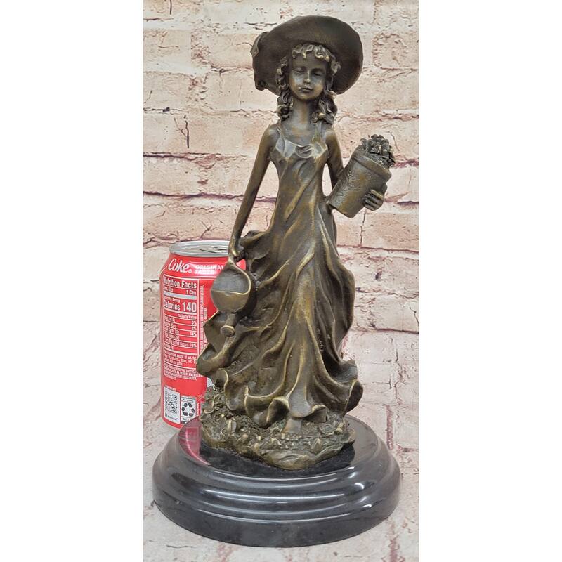 Young 19Th Century Girl Child In Hat W/ Watering Can - Bronze Sculpture By Jean Patoue