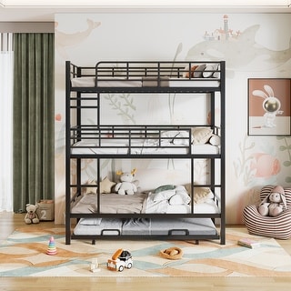 Black Metal Twin Size Triple Bunk Bed with Trundle, No Box Spring Needed