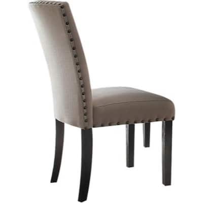 Nailhead Trim Fabric Upholstered Wooden Side Chair, Set of 2, Beige and Brown - 39.5 H x 20.75 W x 26.25 L Inches