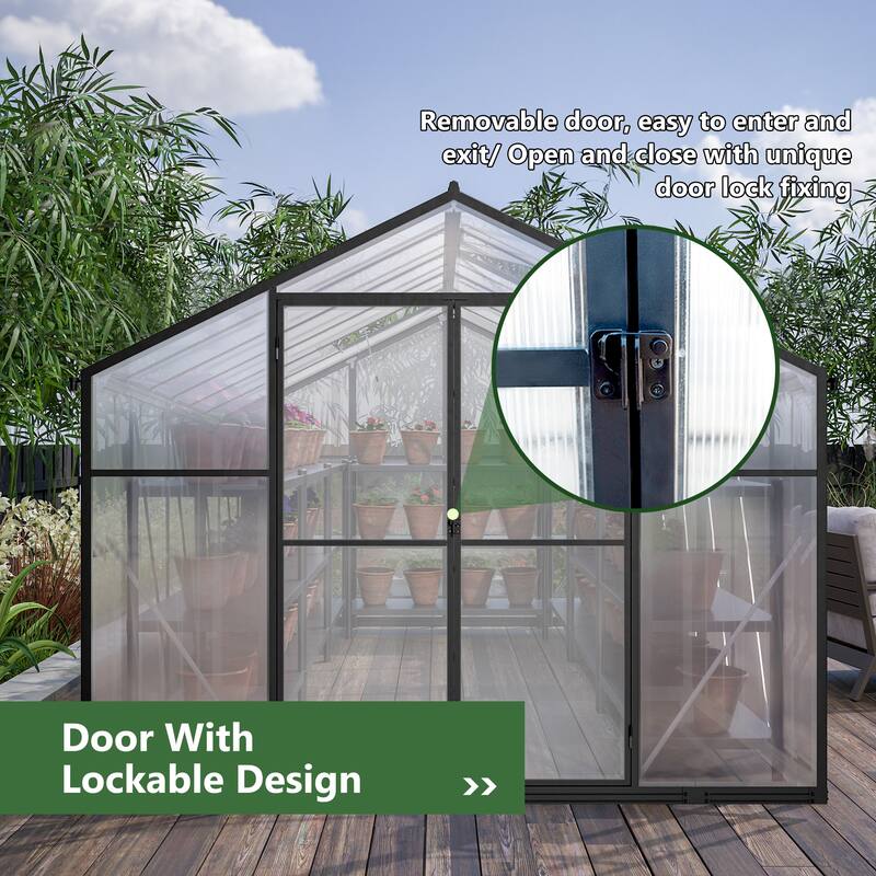 8' x 12' Outdoor Greenhouse, Heavy Duty Polycarbonate Greenhouse, Large Walk-in Greenhouse with Double Doors