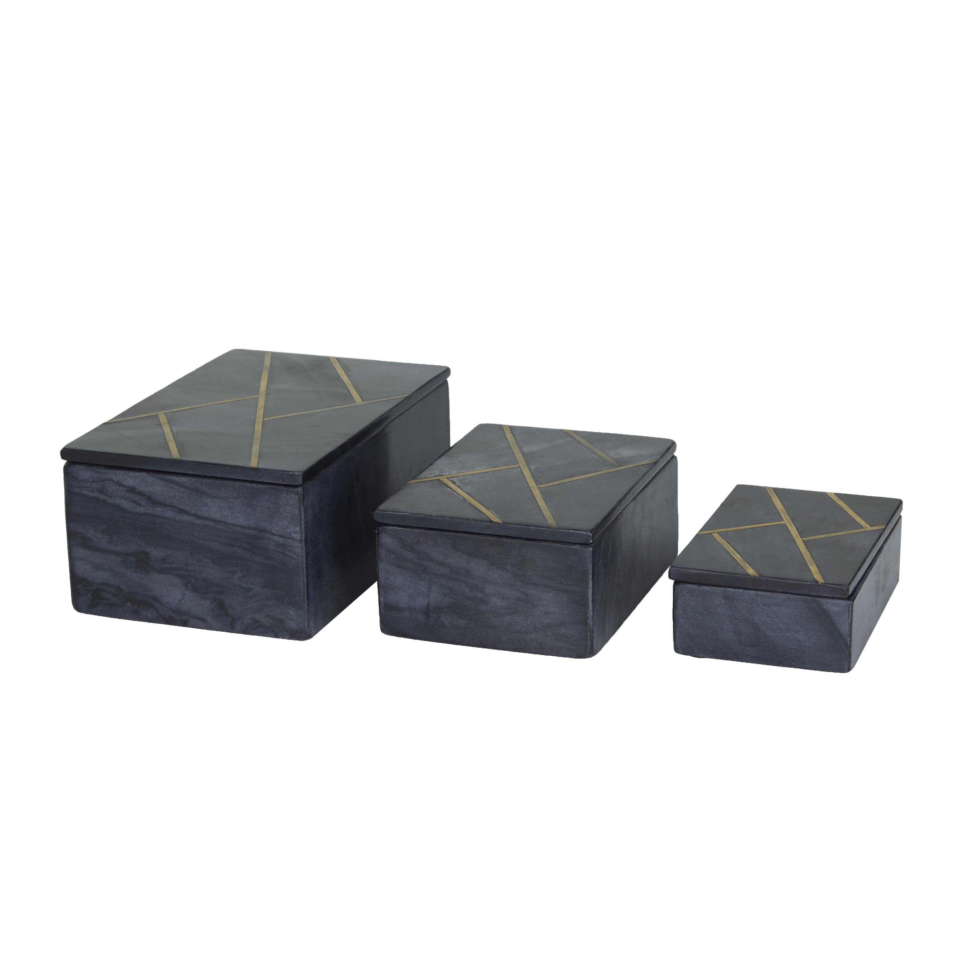 CosmoLiving by Cosmopolitan - Marble Box with Gold Linear Lines - Set of 3 Black