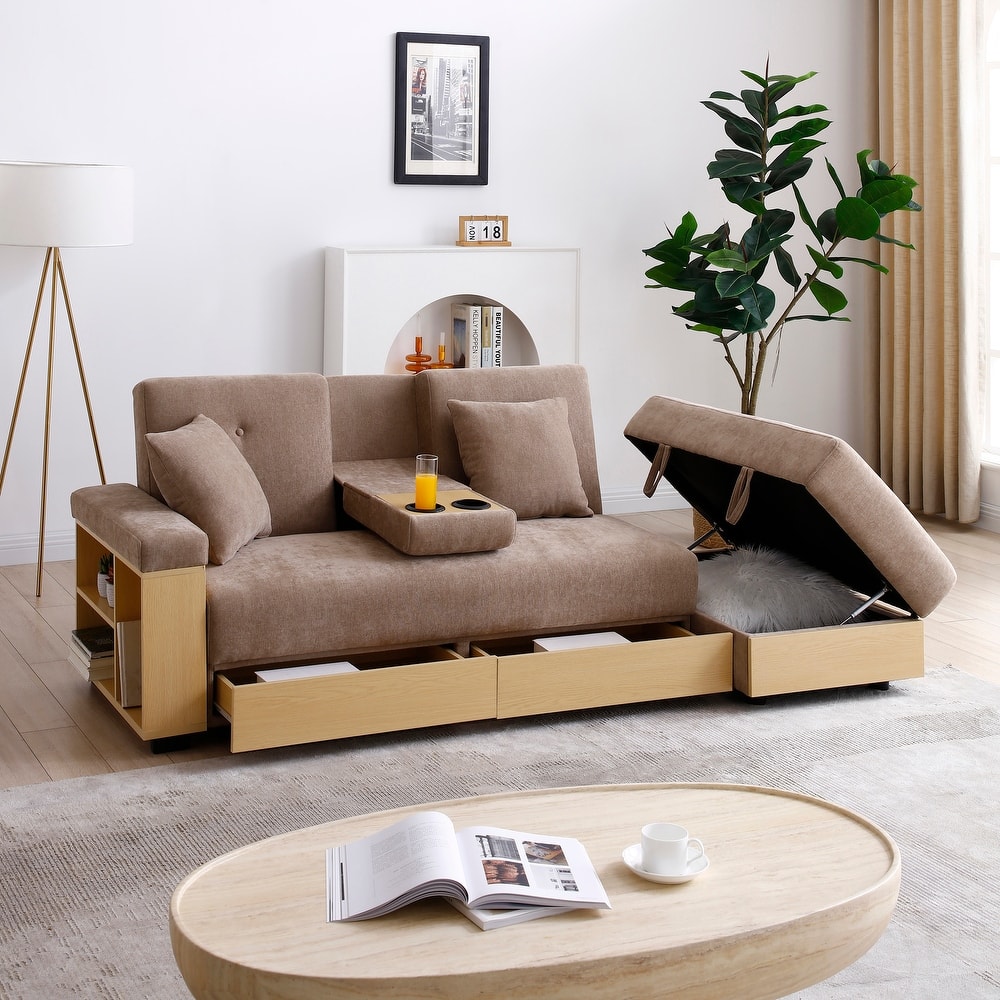 Multifunctional Double Folding Sofa Bed,Storage Ottoman And Sofa Arm With Box And Drawer,Drop Down Table With 2cup Holders