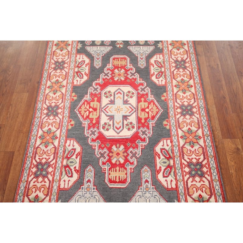 Geometric Kazak Oriental Accent Rug Handmade Grey Wool Carpet - 3'1" x 5'1"