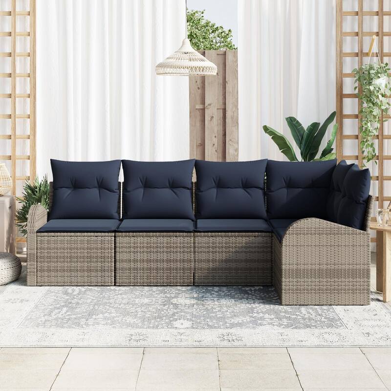 vidaXL 5/6 Garden Sofa Set with Cushions Black/Brown/Grey Poly Rattan - 92.1 x 48.8 x 27.2