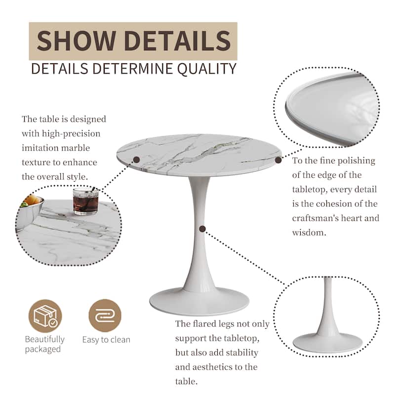 31.4" Round White Tulip Dining Table with Metal Base, 2-3 Seater