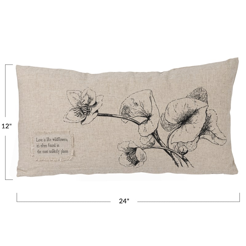 24" Linen Blend Lumbar Pillow with Saying Text, Flowers, and Bird Designs - 24.0"L x 12.0"W x 0.5"H