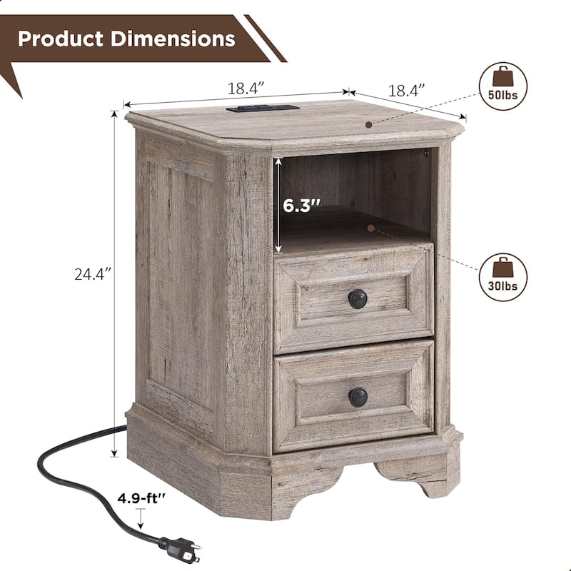 18" Farmhouse Nightstand with Charging Station, End Table,Side Table