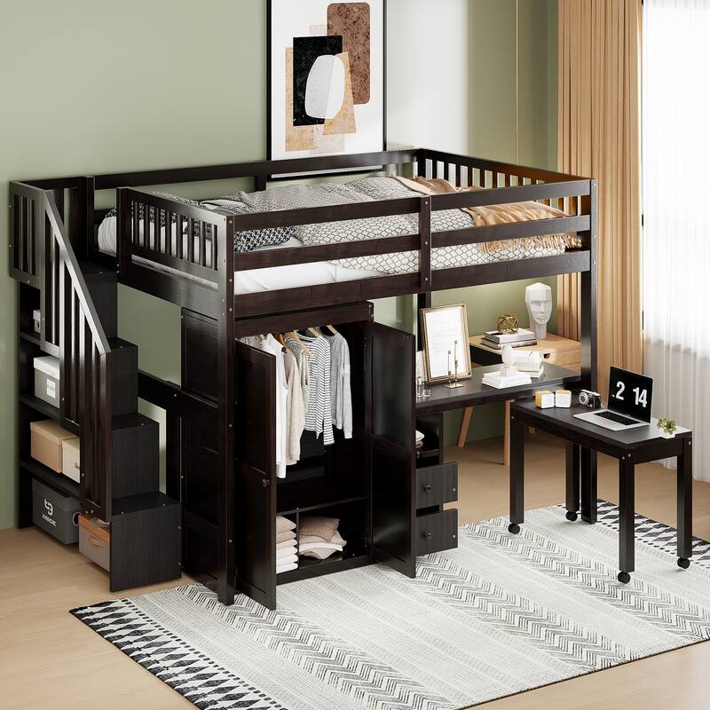 Full Loft Bed with Stairs & Built-in Desk and 5-in-1 Storage, 350lb Capacity
