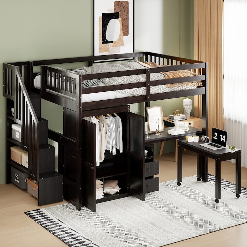 Multifunctional Full Size Loft Bed with Stairs, Bookshelf, Drawers, Desk & Wardrobe for Kids & Teens