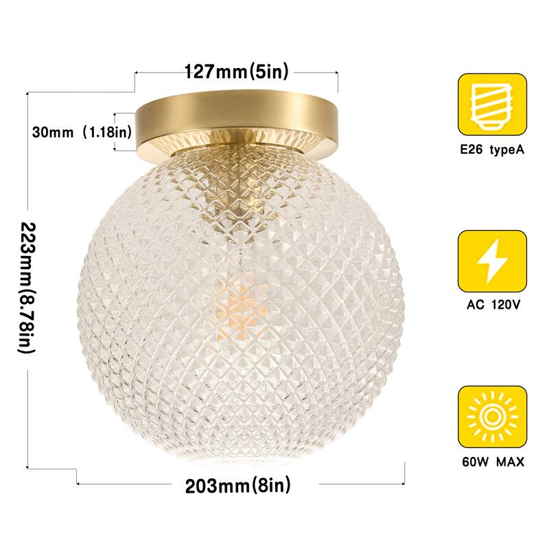 Mid-century Modern Semi Flush Mount 1-light Globe Ceiling Light with Acrylic Clear Shade - Brass Gold