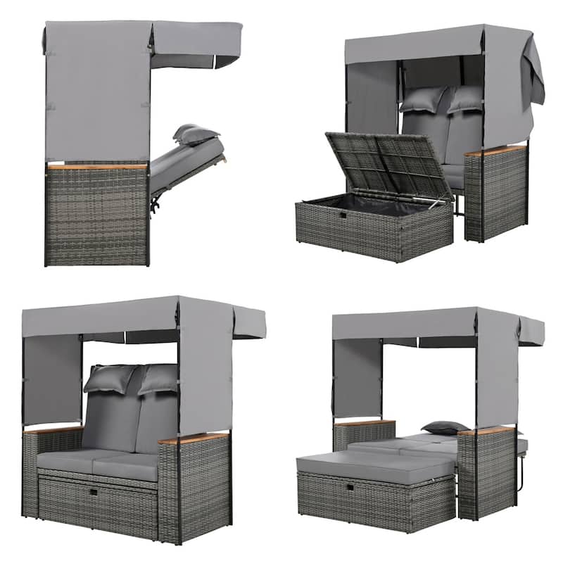 2 Piece Outdoor Rattan Daybed with 5 Positions,Bench and Cushions