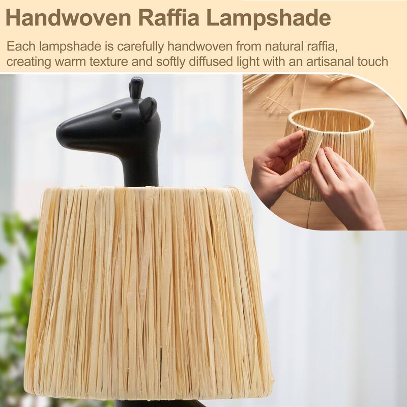 Giraffe Table Lamp with Handwoven Raffia Lampshade, LED Bedside Lamp with In-Line Switch, Resin Base