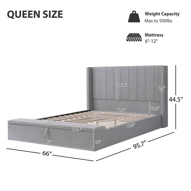 Queen Size Platform Bed with Wingback Headboard, Grey Upholstered Bed Frame with Footboard Storage Box, Low Profile Bed