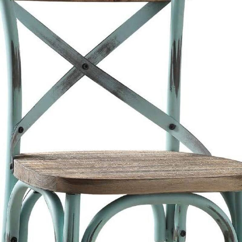 20.5" High Metal Frame Kitchen Bar Stool with Rustic Brown Wood Seat and Sky-Blue Legs Full Back - 43”H x 18”W x 20”D