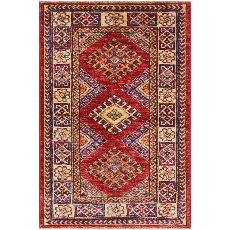 Tribal Super Kazak Caspian Red/Beige Hand Knotted Wool Rug - 2'0'' x 2'10''