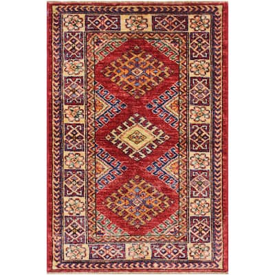 Tribal Super Kazak Caspian Red/Beige Hand Knotted Wool Rug - 2'0'' x 2'10''