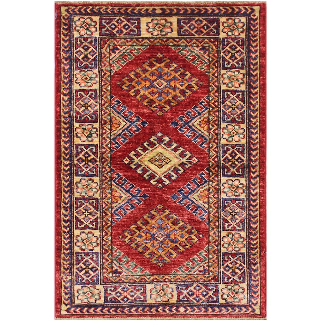 Tribal Super Kazak Caspian Red/Beige Hand Knotted Wool Rug - 2'0'' x 2'10''